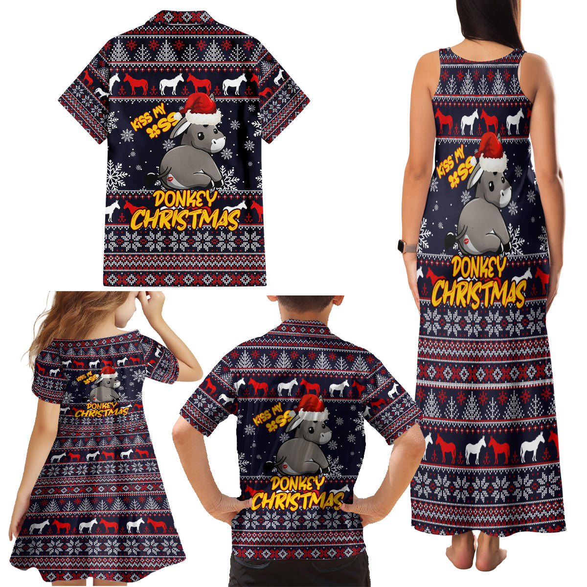 Funny Donkeys Christmas Family Matching Tank Maxi Dress and Hawaiian Shirt Merry Kissmyass - Wonder Print Shop