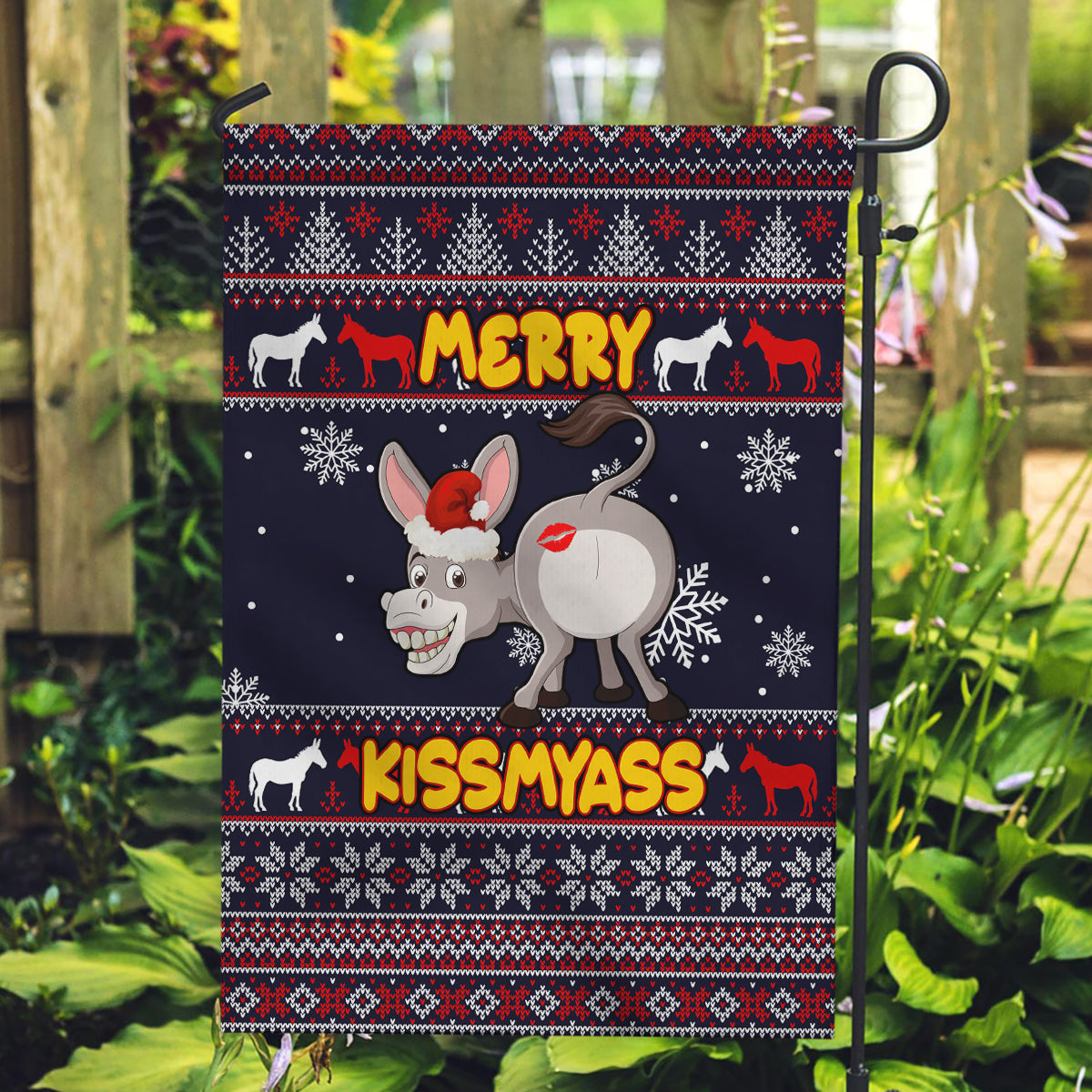 Funny Donkeys Christmas Garden Flag Merry Kissmyass - Wonder Print Shop
