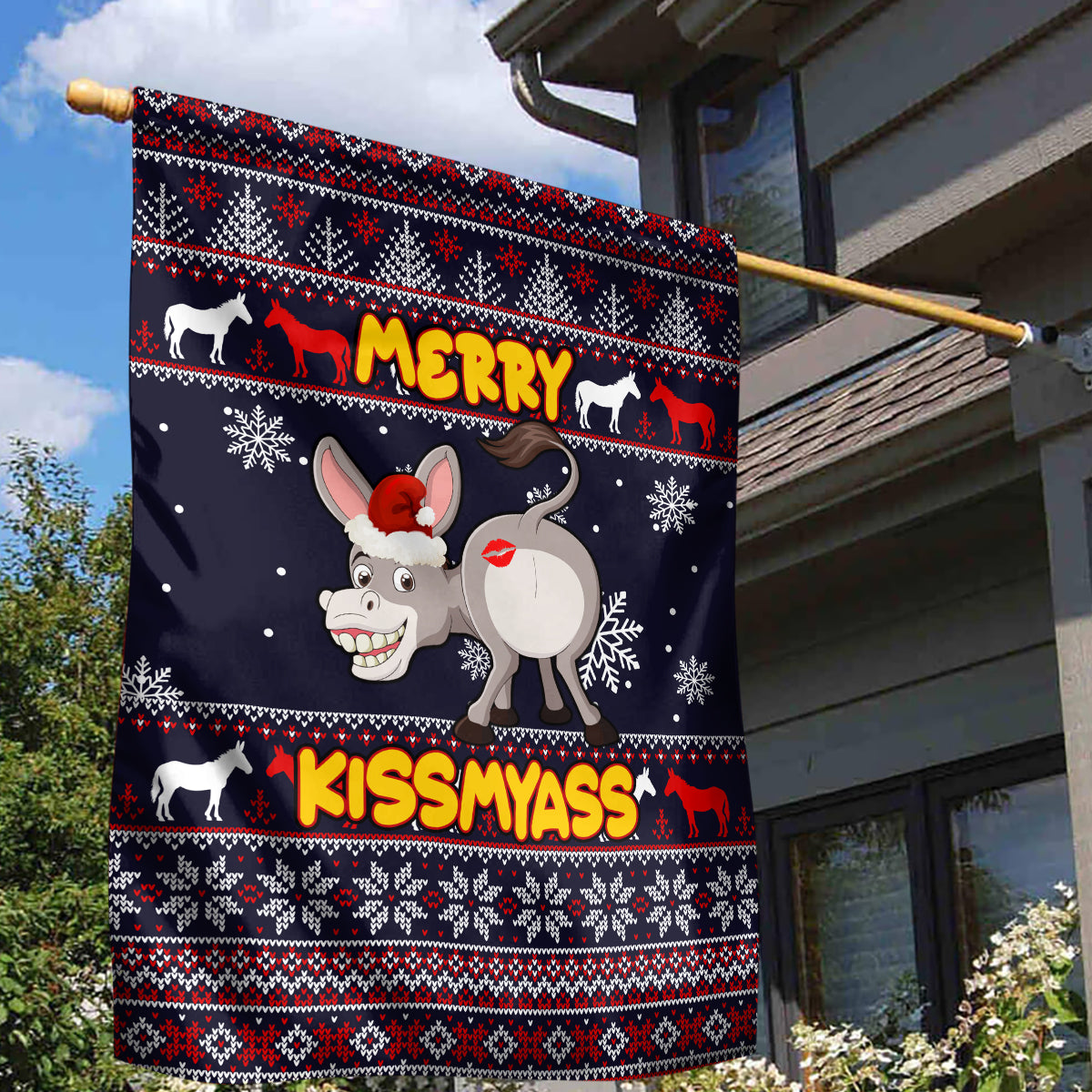 Funny Donkeys Christmas Garden Flag Merry Kissmyass - Wonder Print Shop