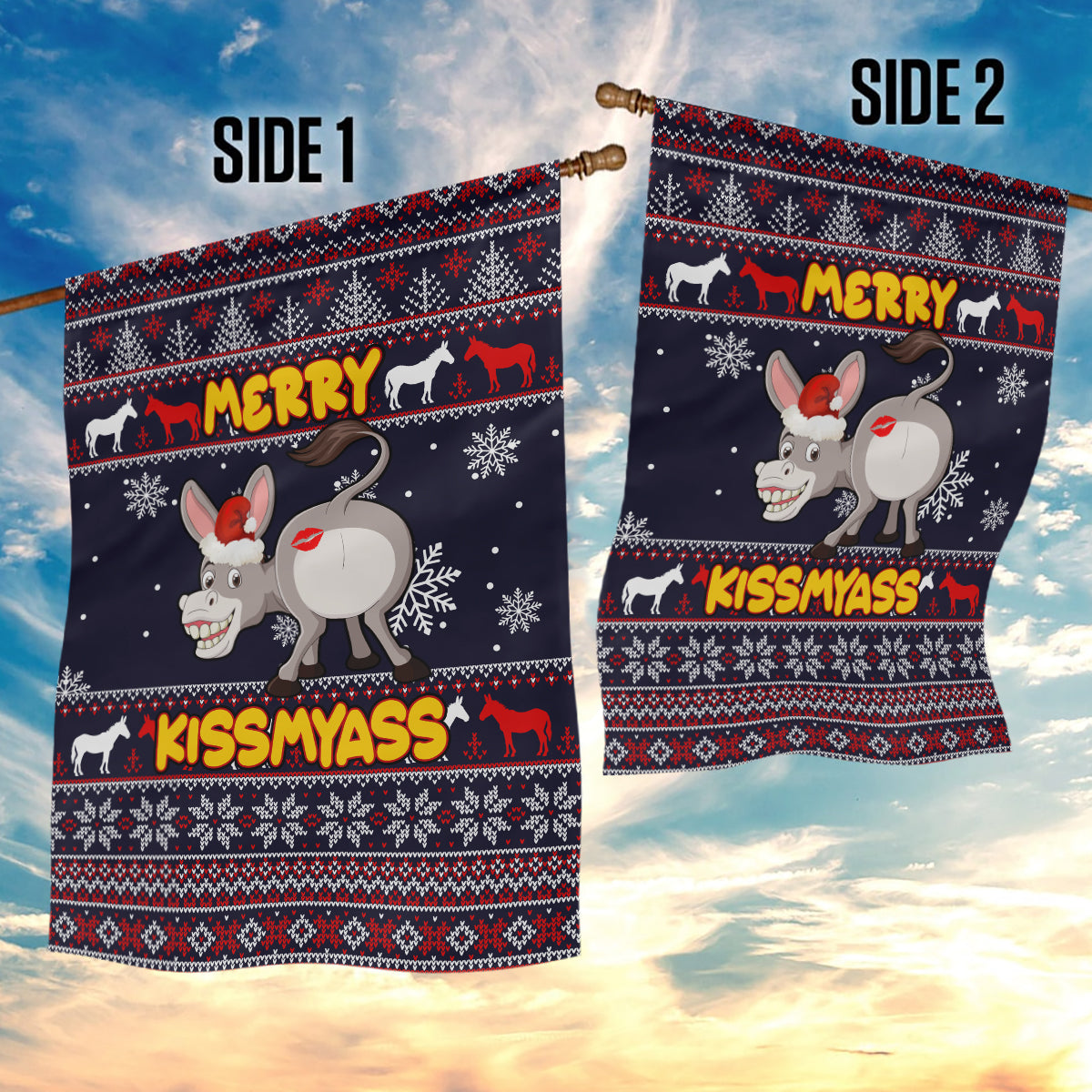 Funny Donkeys Christmas Garden Flag Merry Kissmyass - Wonder Print Shop