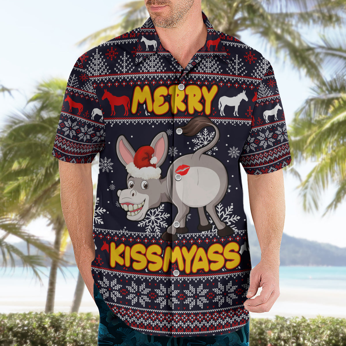 Funny Donkeys Christmas Hawaiian Shirt Merry Kissmyass - Wonder Print Shop