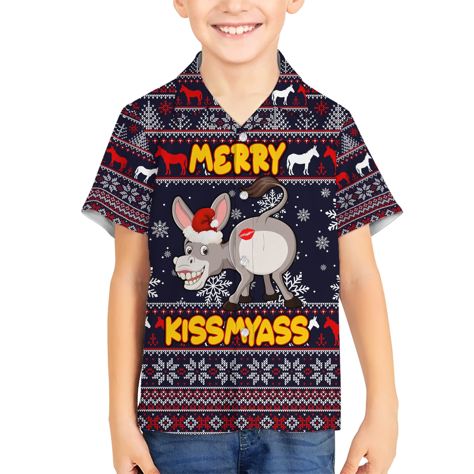 Funny Donkeys Christmas Kid Hawaiian Shirt Merry Kissmyass - Wonder Print Shop
