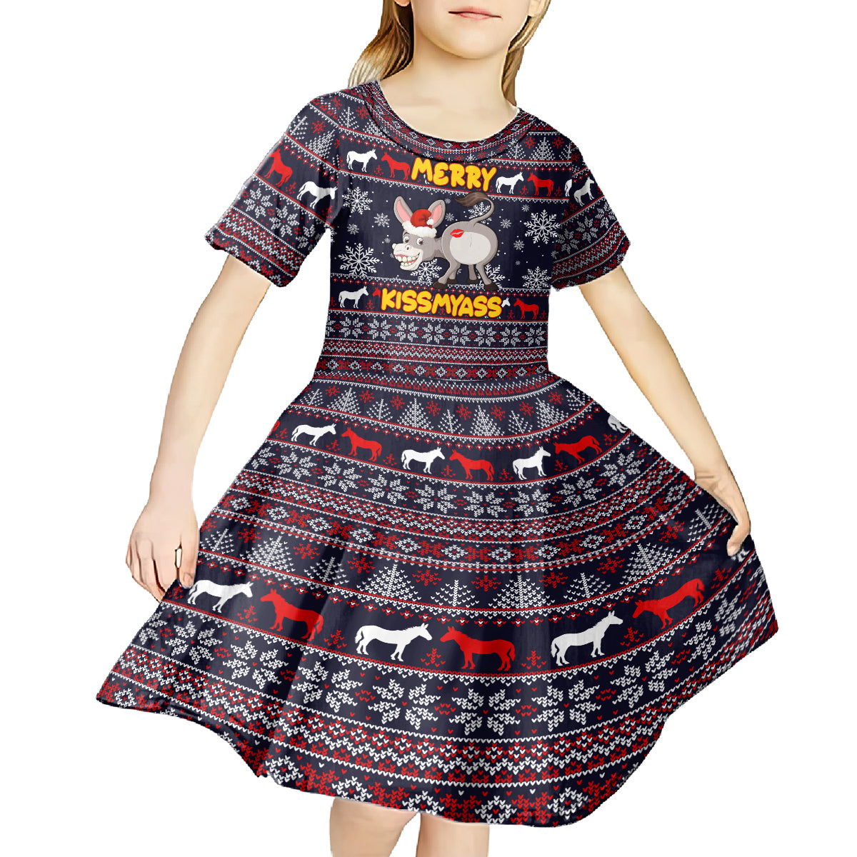 Funny Donkeys Christmas Kid Short Sleeve Dress Merry Kissmyass - Wonder Print Shop