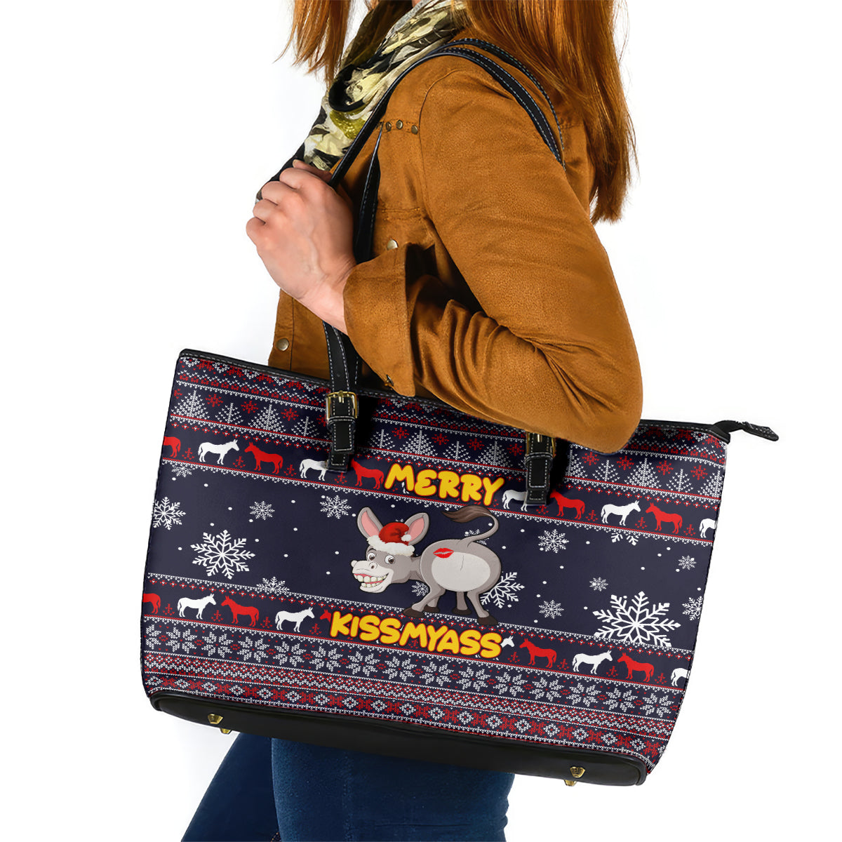 Funny Donkeys Christmas Leather Tote Bag Merry Kissmyass - Wonder Print Shop