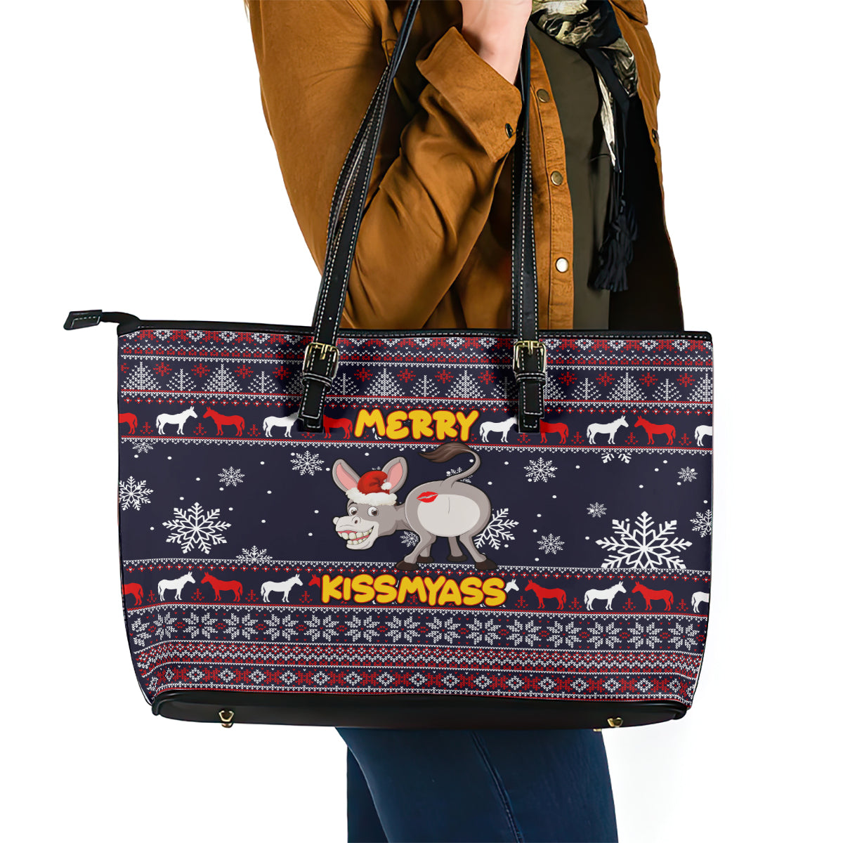 Funny Donkeys Christmas Leather Tote Bag Merry Kissmyass - Wonder Print Shop