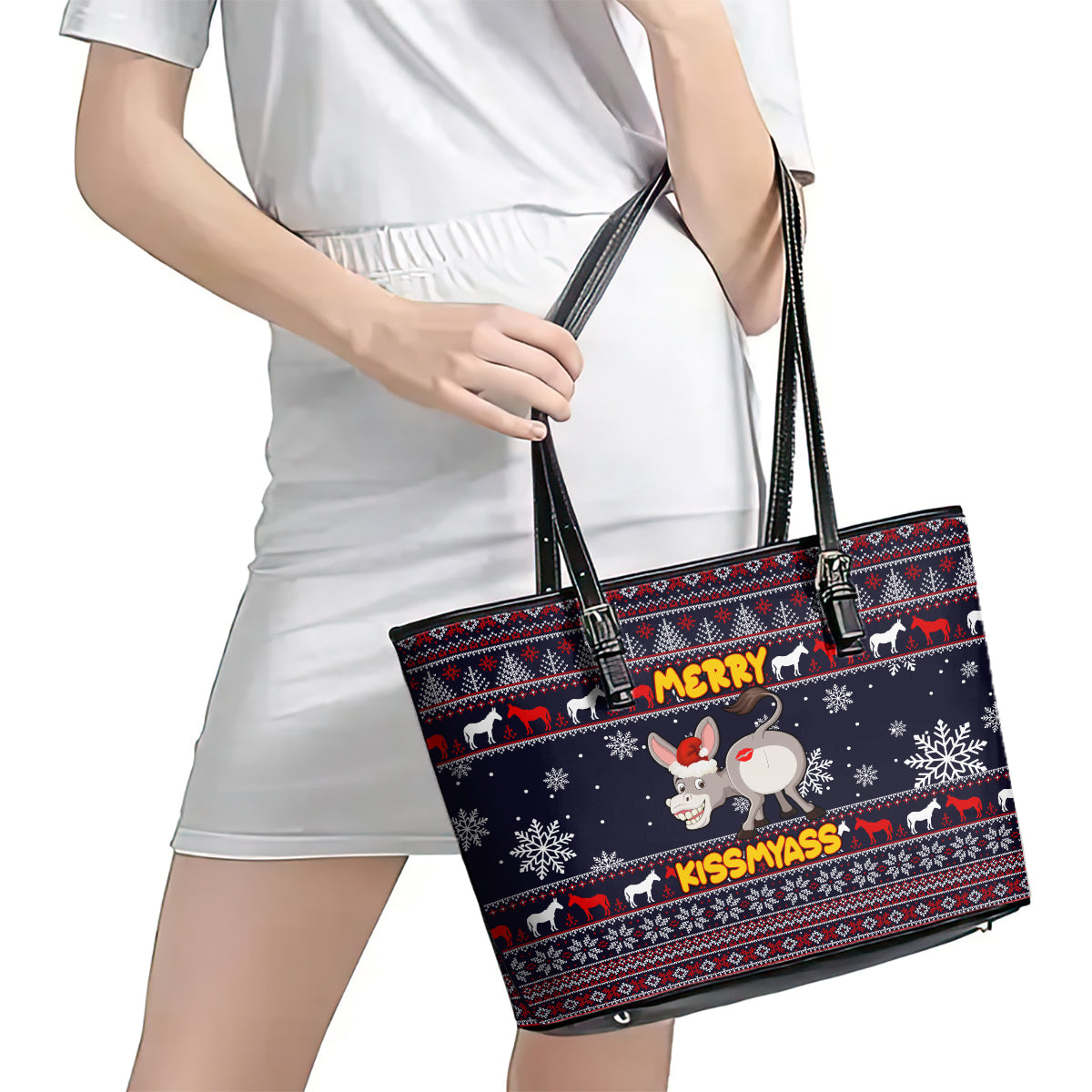 Funny Donkeys Christmas Leather Tote Bag Merry Kissmyass - Wonder Print Shop