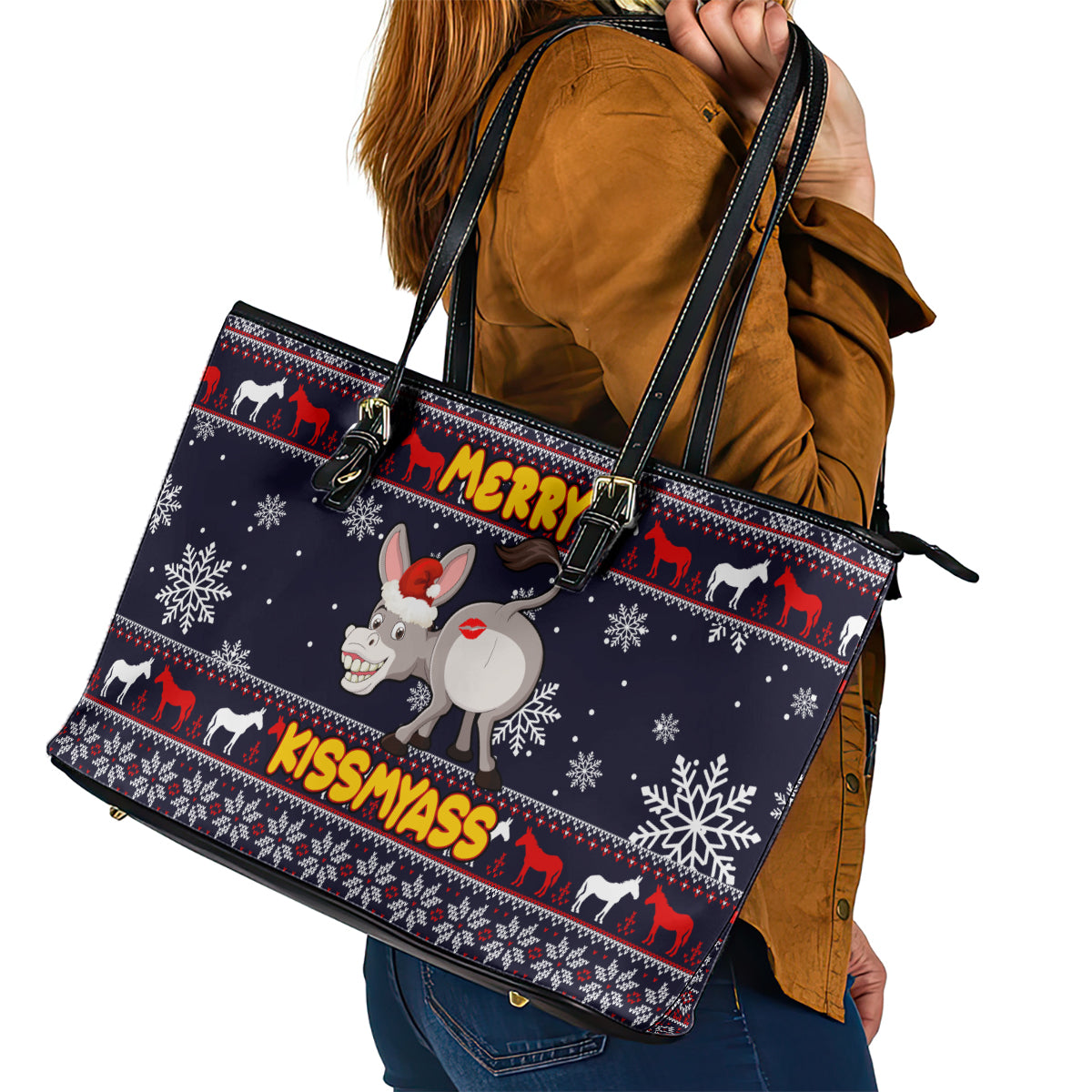 Funny Donkeys Christmas Leather Tote Bag Merry Kissmyass - Wonder Print Shop