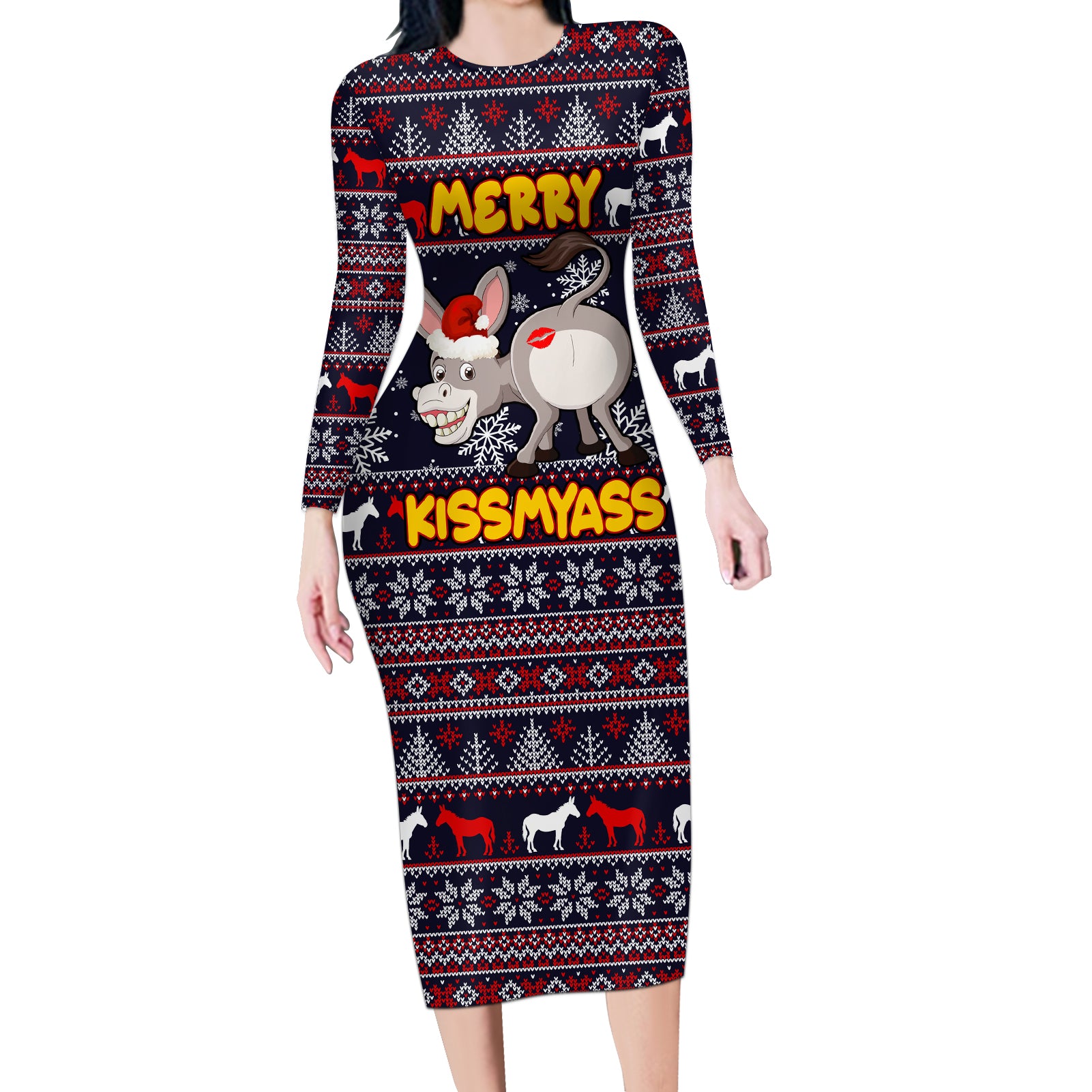 Funny Donkeys Christmas Long Sleeve Bodycon Dress Merry Kissmyass - Wonder Print Shop