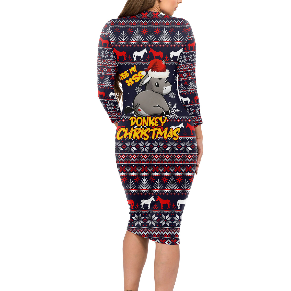 Funny Donkeys Christmas Long Sleeve Bodycon Dress Merry Kissmyass - Wonder Print Shop