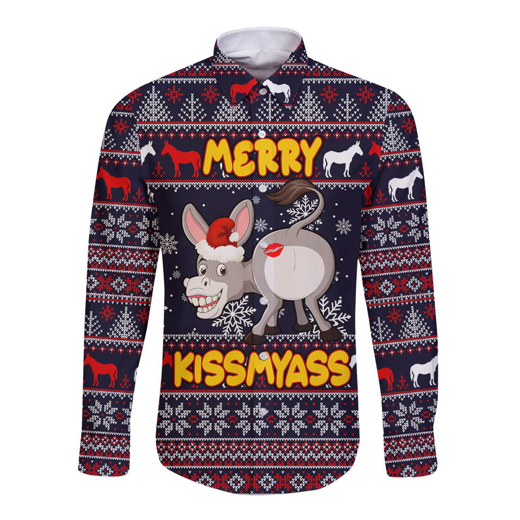 Funny Donkeys Christmas Long Sleeve Button Shirt Merry Kissmyass - Wonder Print Shop
