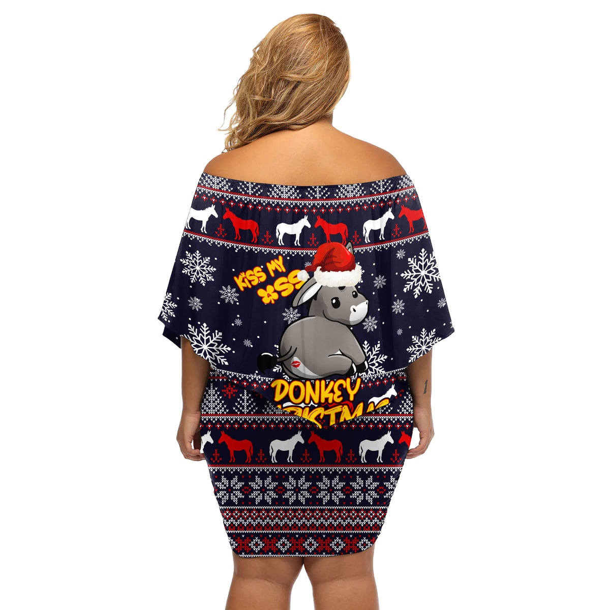Funny Donkeys Christmas Off Shoulder Short Dress Merry Kissmyass - Wonder Print Shop
