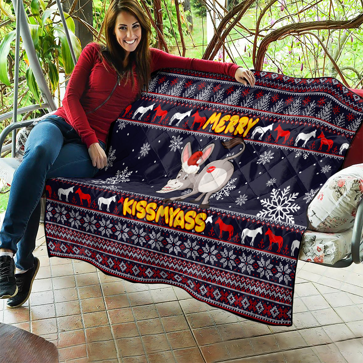 Funny Donkeys Christmas Quilt Merry Kissmyass - Wonder Print Shop