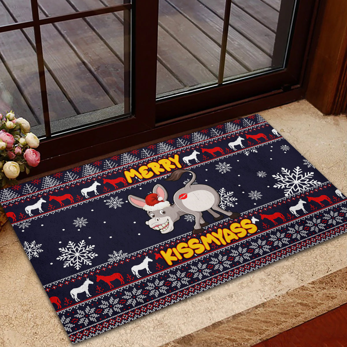 Funny Donkeys Christmas Rubber Doormat Merry Kissmyass - Wonder Print Shop