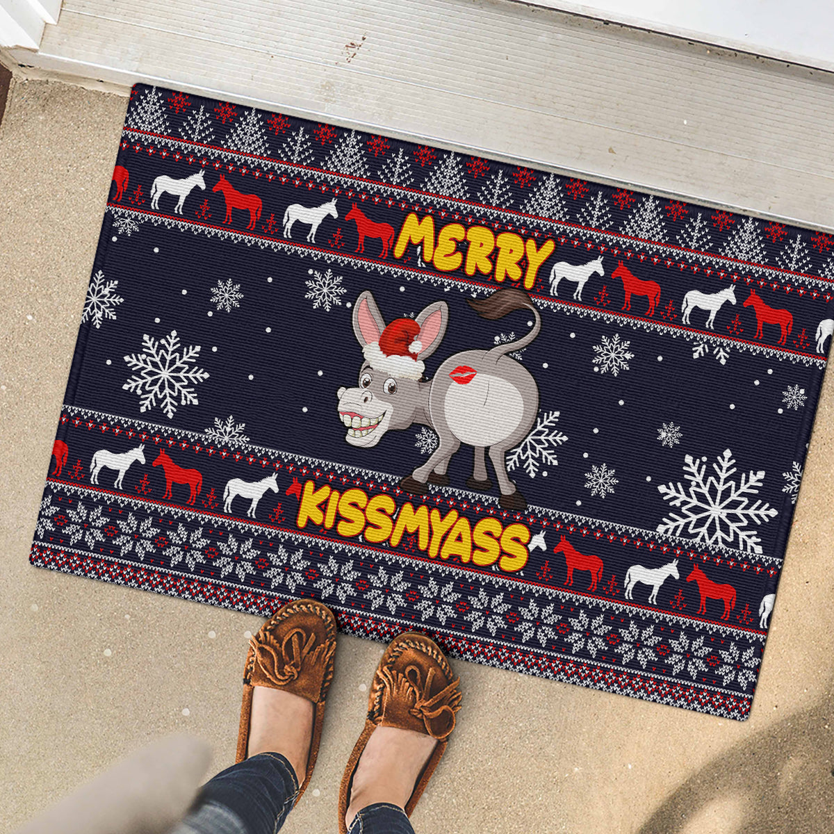 Funny Donkeys Christmas Rubber Doormat Merry Kissmyass - Wonder Print Shop