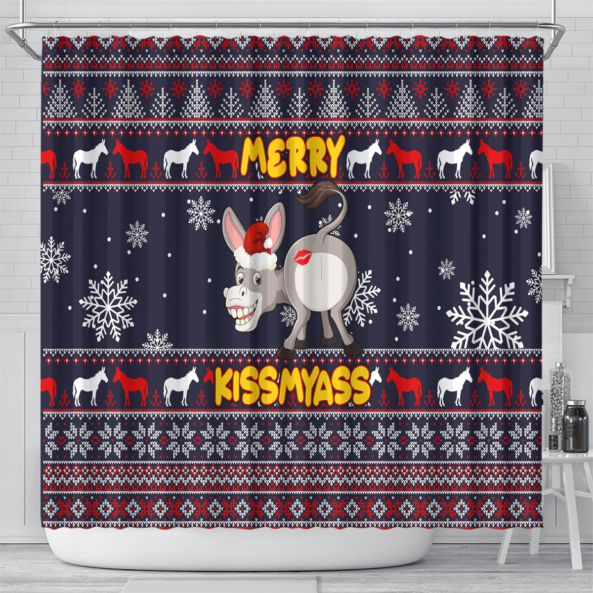 funny-donkeys-christmas-shower-curtain-merry-kissmyass