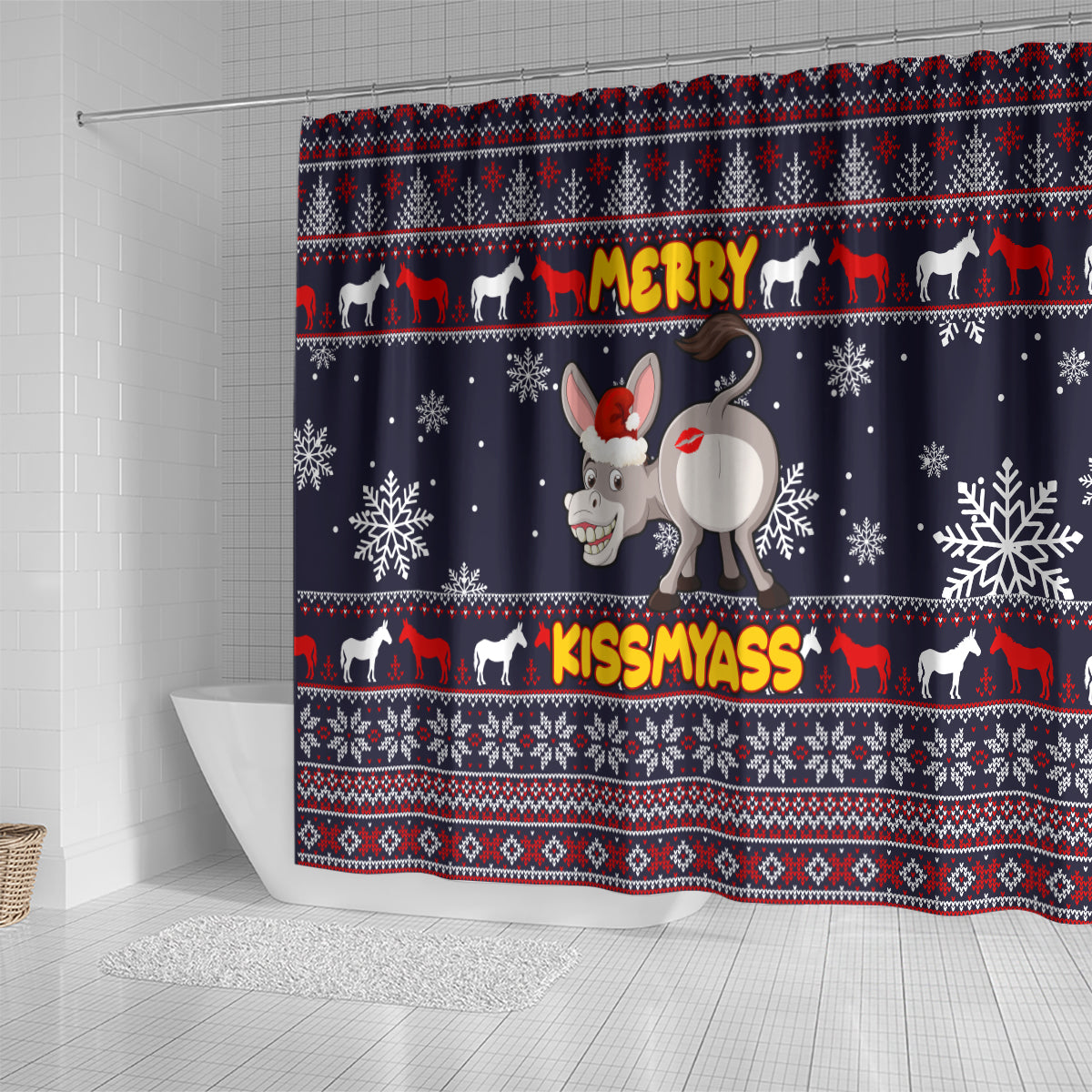funny-donkeys-christmas-shower-curtain-merry-kissmyass