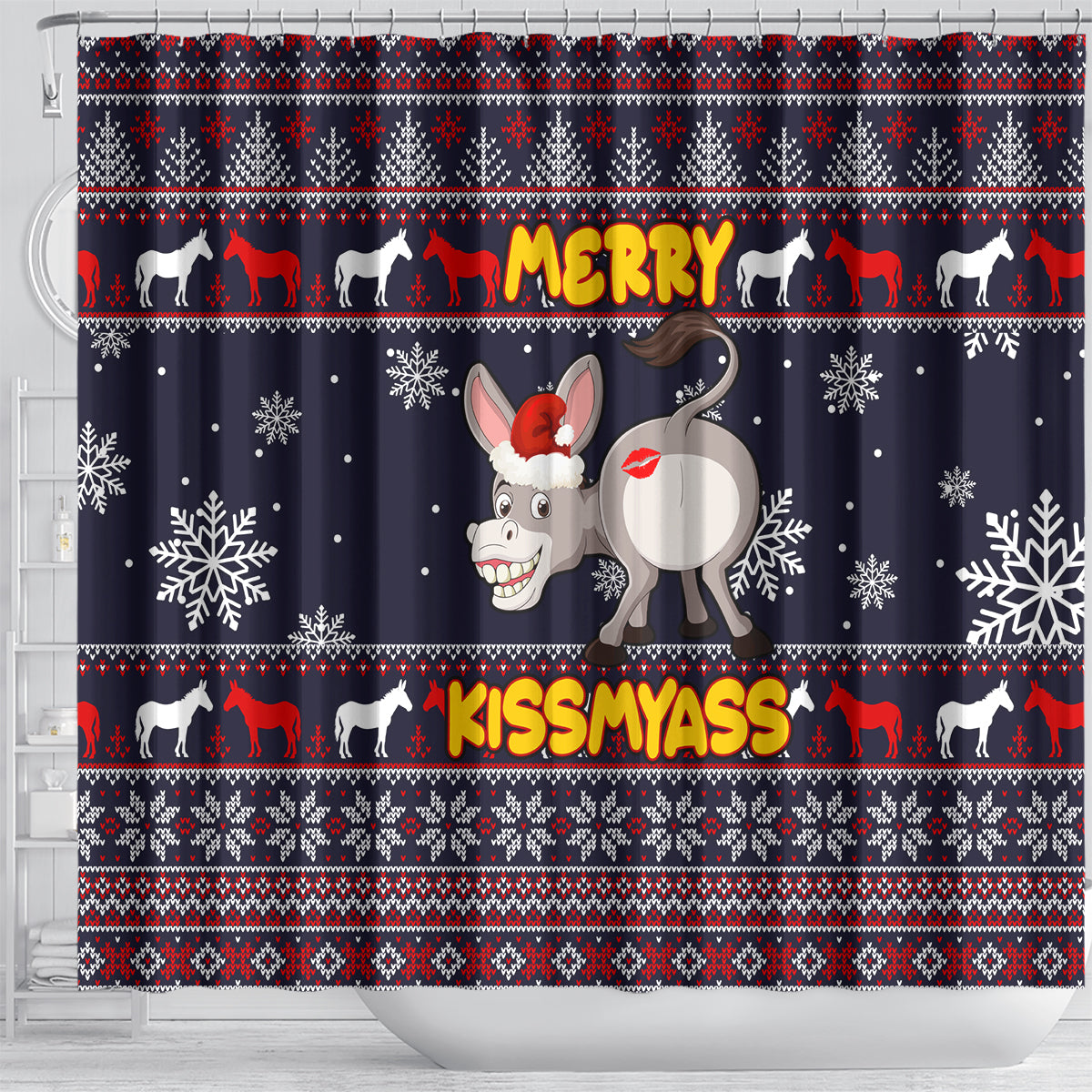 funny-donkeys-christmas-shower-curtain-merry-kissmyass