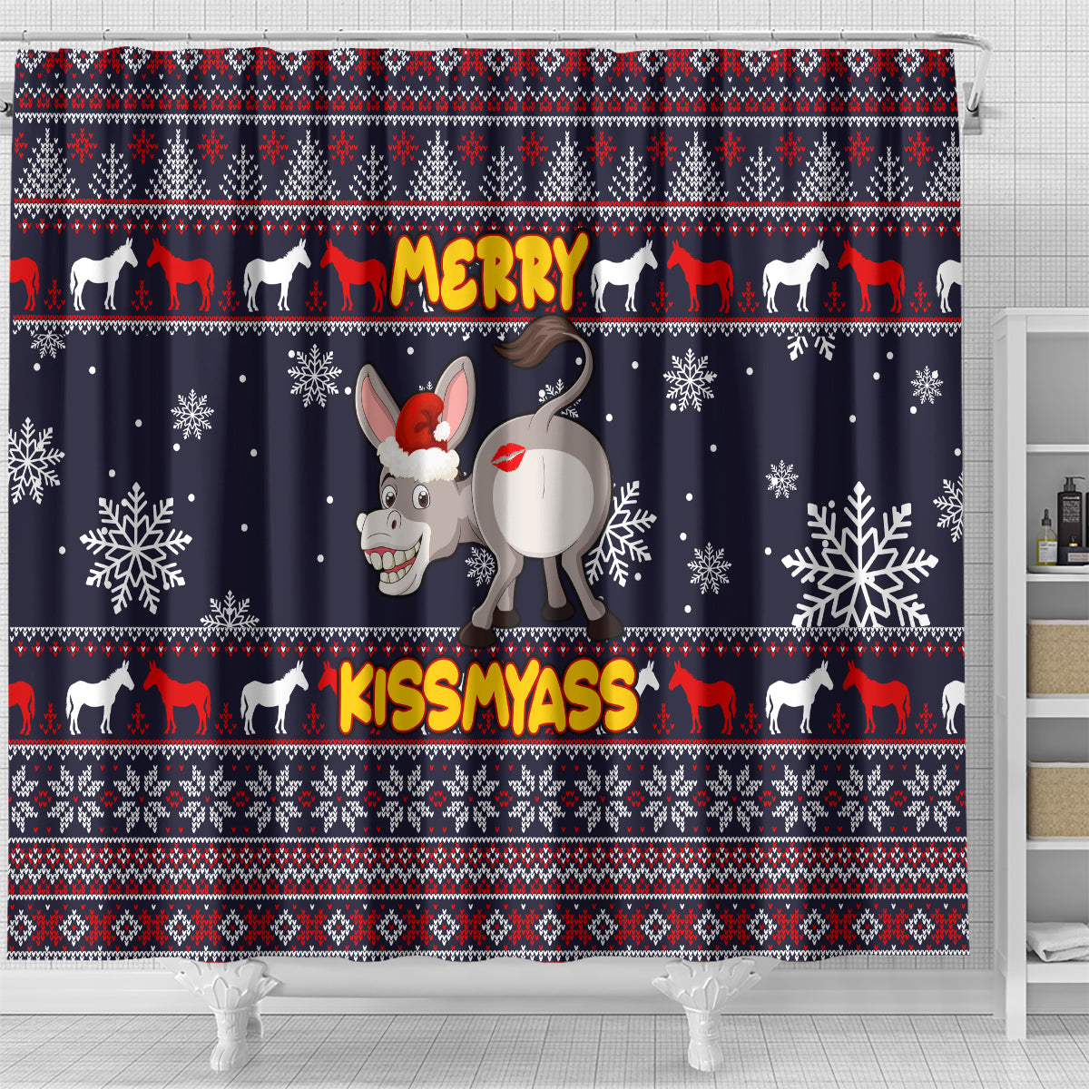 funny-donkeys-christmas-shower-curtain-merry-kissmyass