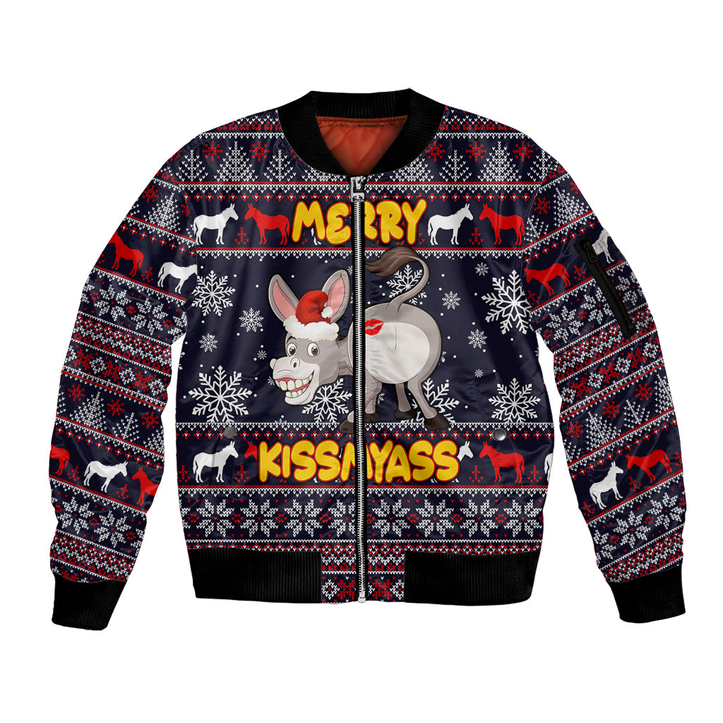 Funny Donkeys Christmas Sleeve Zip Bomber Jacket Merry Kissmyass - Wonder Print Shop
