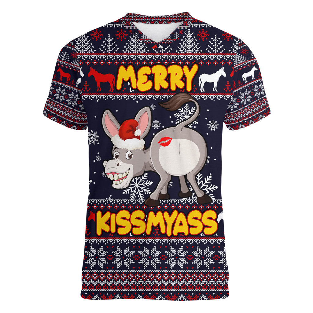 Funny Donkeys Christmas Women V Neck T Shirt Merry Kissmyass - Wonder Print Shop
