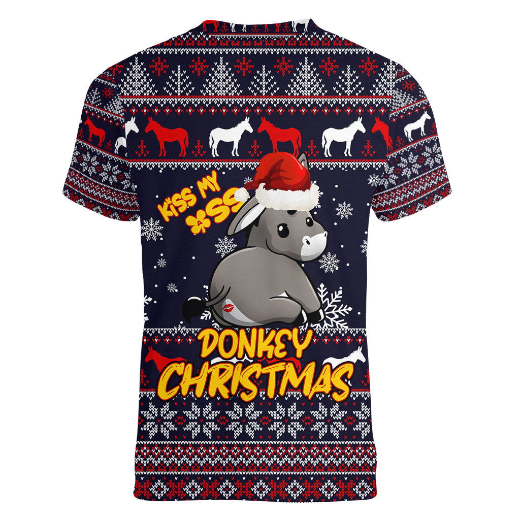 Funny Donkeys Christmas Women V Neck T Shirt Merry Kissmyass - Wonder Print Shop