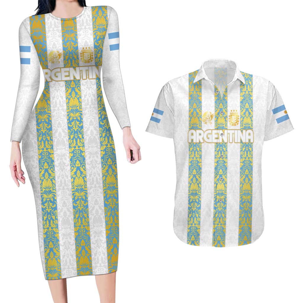 Argentina Football 2024 Couples Matching Long Sleeve Bodycon Dress and Hawaiian Shirt The White and Sky Blue - Wonder Print Shop