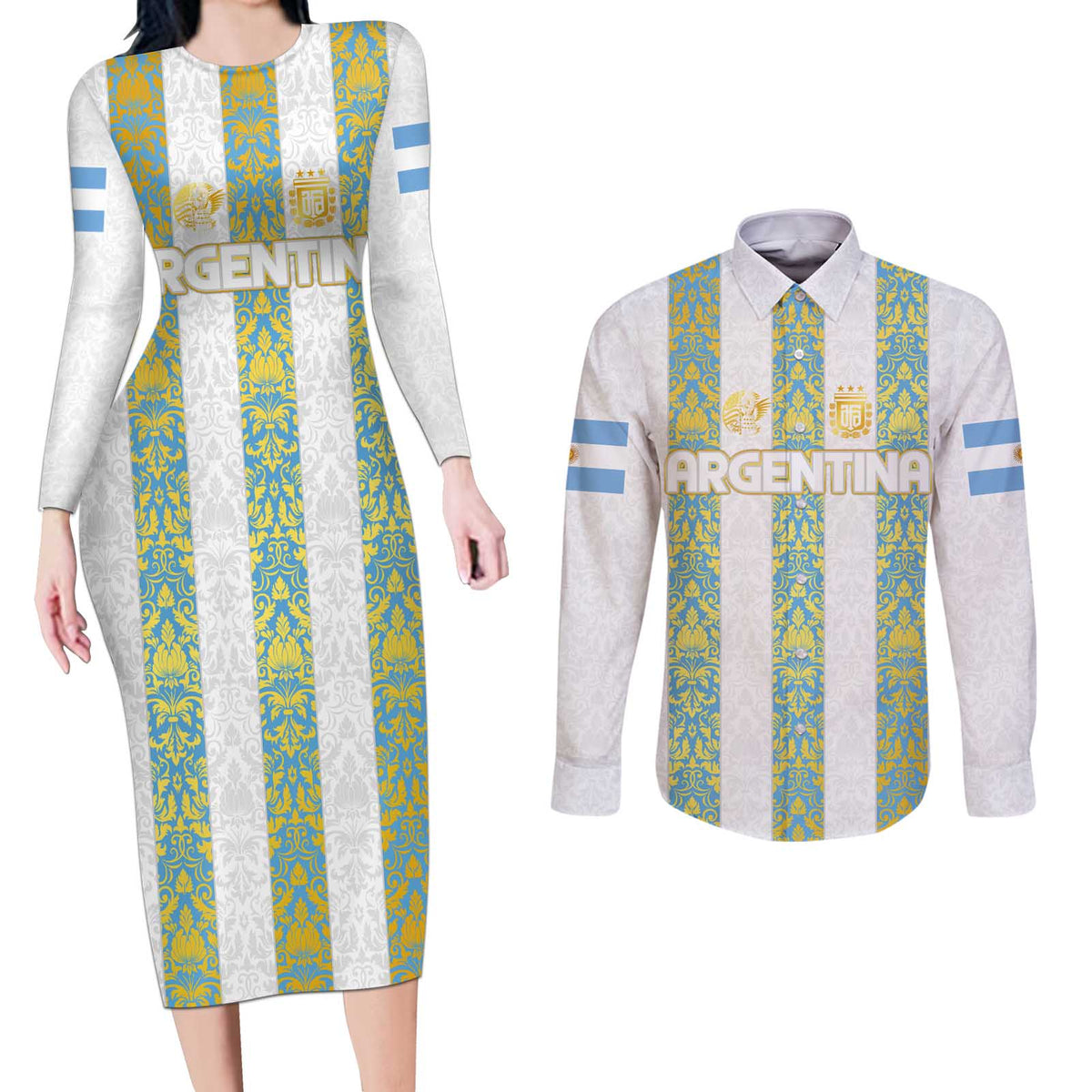 Argentina Football 2024 Couples Matching Long Sleeve Bodycon Dress and Long Sleeve Button Shirt The White and Sky Blue - Wonder Print Shop