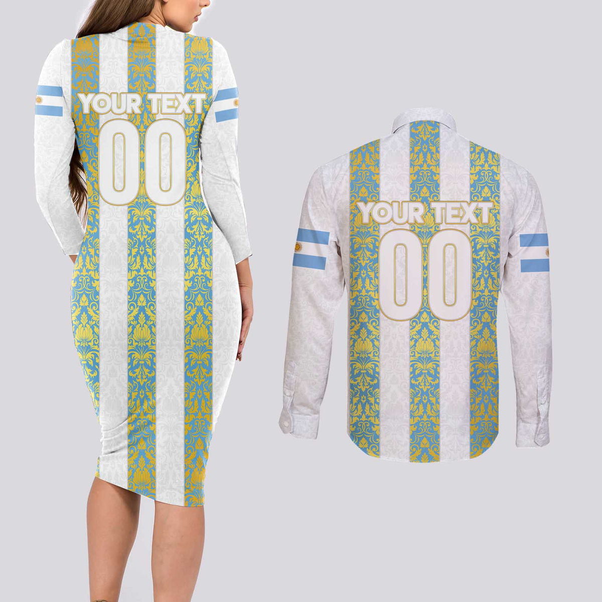 Argentina Football 2024 Couples Matching Long Sleeve Bodycon Dress and Long Sleeve Button Shirt The White and Sky Blue - Wonder Print Shop