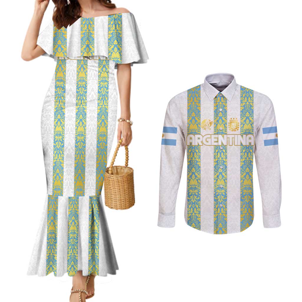 Argentina Football 2024 Couples Matching Mermaid Dress and Long Sleeve Button Shirt The White and Sky Blue