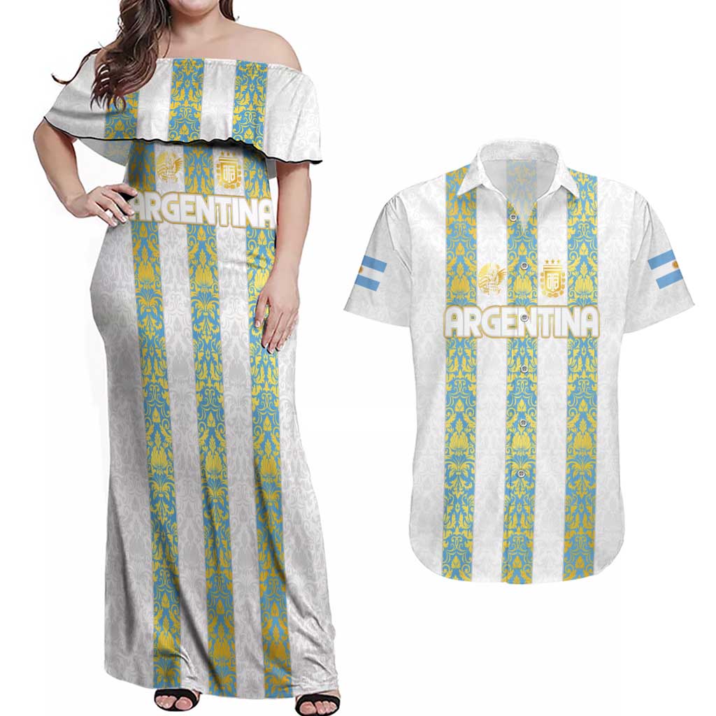 Argentina Football 2024 Couples Matching Off Shoulder Maxi Dress and Hawaiian Shirt The White and Sky Blue - Wonder Print Shop