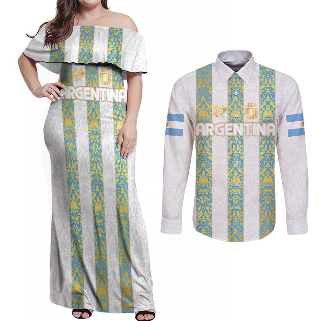 Argentina Football 2024 Couples Matching Off Shoulder Maxi Dress and Long Sleeve Button Shirt The White and Sky Blue - Wonder Print Shop