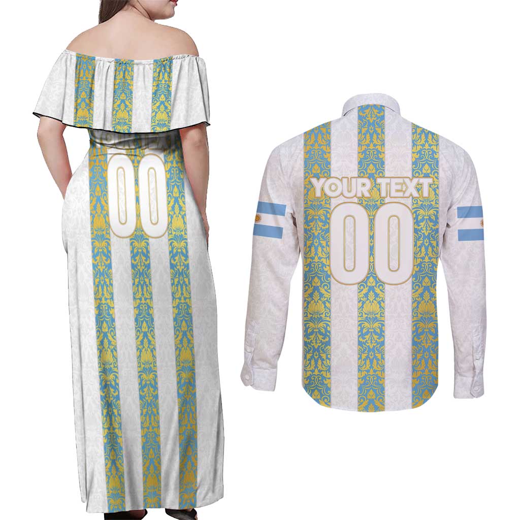 Argentina Football 2024 Couples Matching Off Shoulder Maxi Dress and Long Sleeve Button Shirt The White and Sky Blue - Wonder Print Shop
