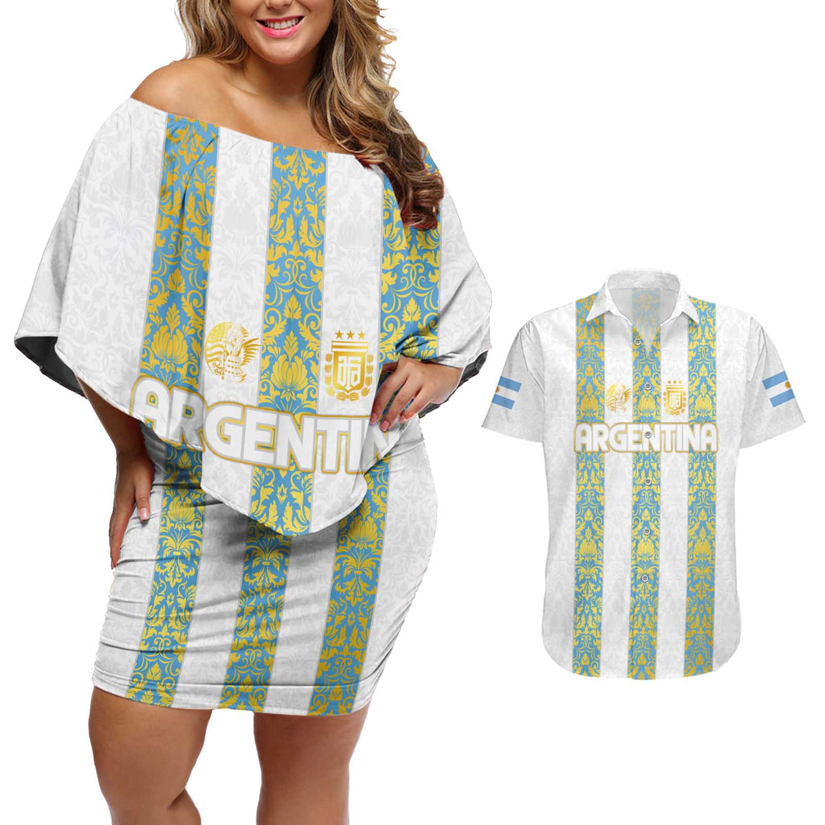 Argentina Football 2024 Couples Matching Off Shoulder Short Dress and Hawaiian Shirt The White and Sky Blue - Wonder Print Shop