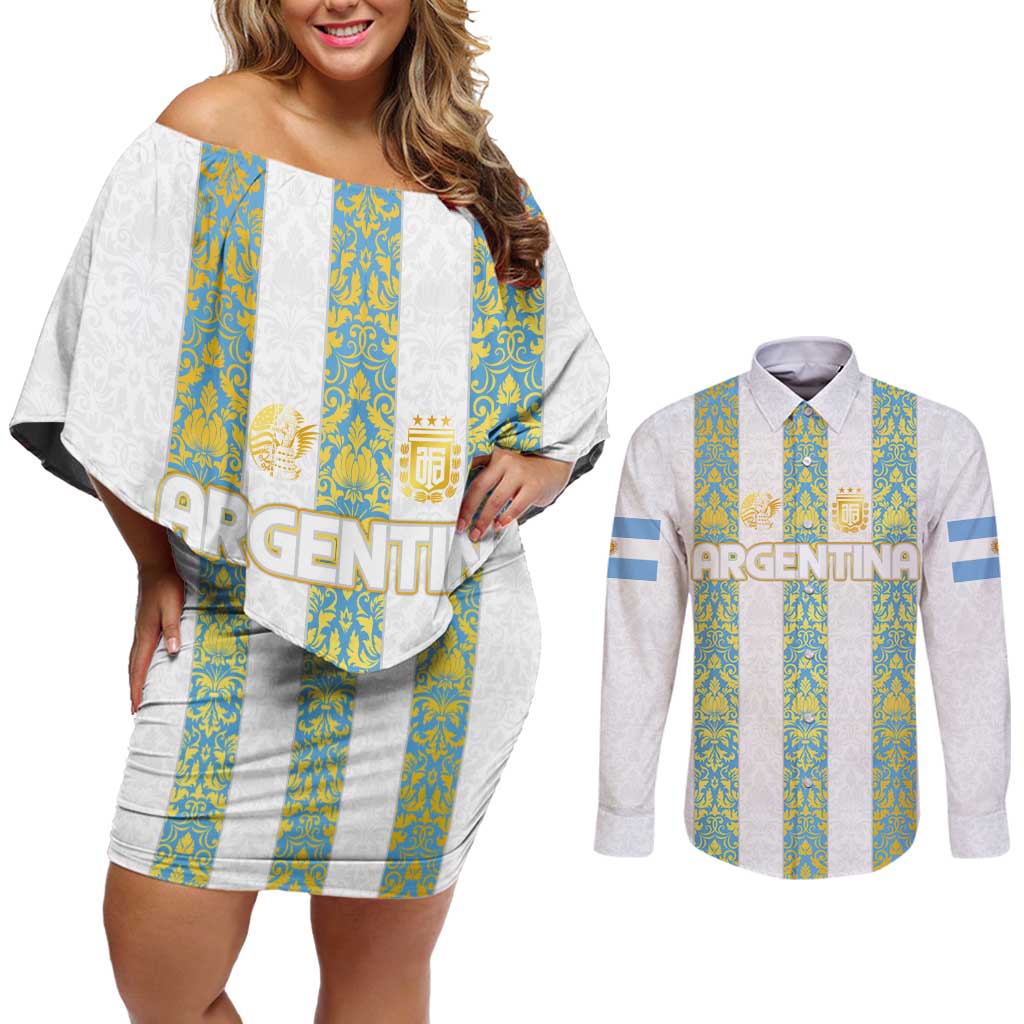 Argentina Football 2024 Couples Matching Off Shoulder Short Dress and Long Sleeve Button Shirt The White and Sky Blue - Wonder Print Shop