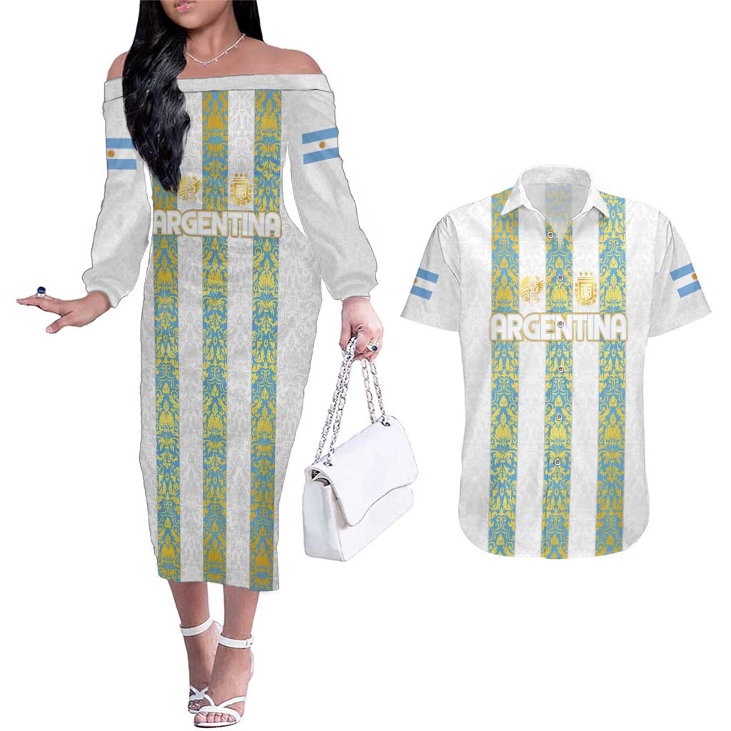 Argentina Football 2024 Couples Matching Off The Shoulder Long Sleeve Dress and Hawaiian Shirt The White and Sky Blue - Wonder Print Shop