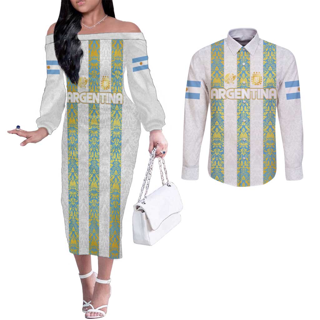 Argentina Football 2024 Couples Matching Off The Shoulder Long Sleeve Dress and Long Sleeve Button Shirt The White and Sky Blue