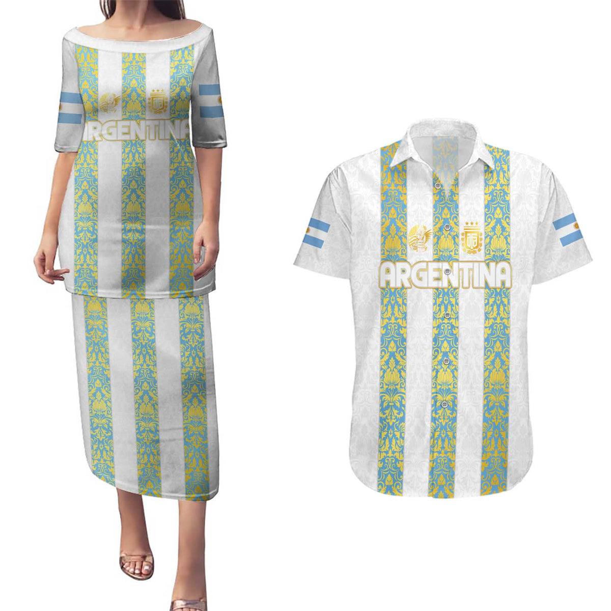 Argentina Football 2024 Couples Matching Puletasi and Hawaiian Shirt The White and Sky Blue - Wonder Print Shop