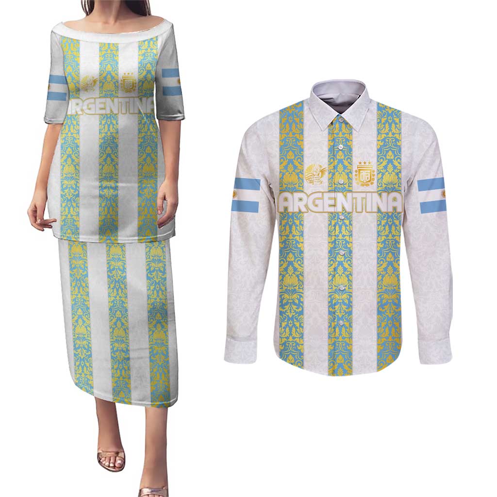 Argentina Football 2024 Couples Matching Puletasi and Long Sleeve Button Shirt The White and Sky Blue - Wonder Print Shop