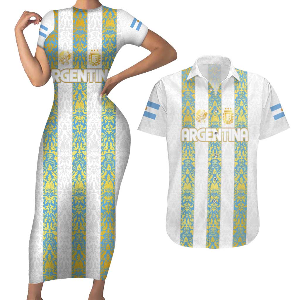 Argentina Football 2024 Couples Matching Short Sleeve Bodycon Dress and Hawaiian Shirt The White and Sky Blue - Wonder Print Shop