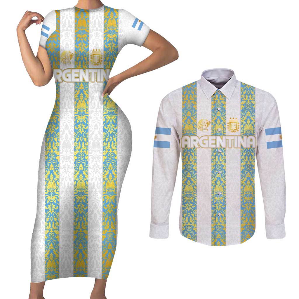 Argentina Football 2024 Couples Matching Short Sleeve Bodycon Dress and Long Sleeve Button Shirt The White and Sky Blue - Wonder Print Shop
