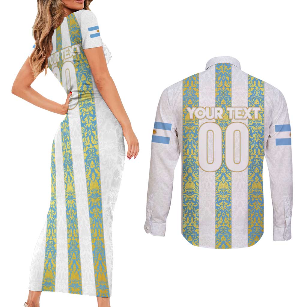 Argentina Football 2024 Couples Matching Short Sleeve Bodycon Dress and Long Sleeve Button Shirt The White and Sky Blue - Wonder Print Shop