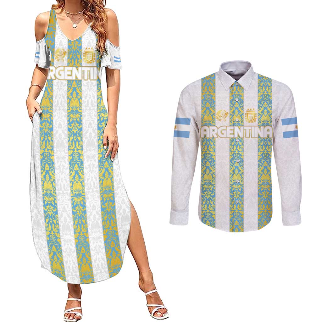 Argentina Football 2024 Couples Matching Summer Maxi Dress and Long Sleeve Button Shirt The White and Sky Blue - Wonder Print Shop