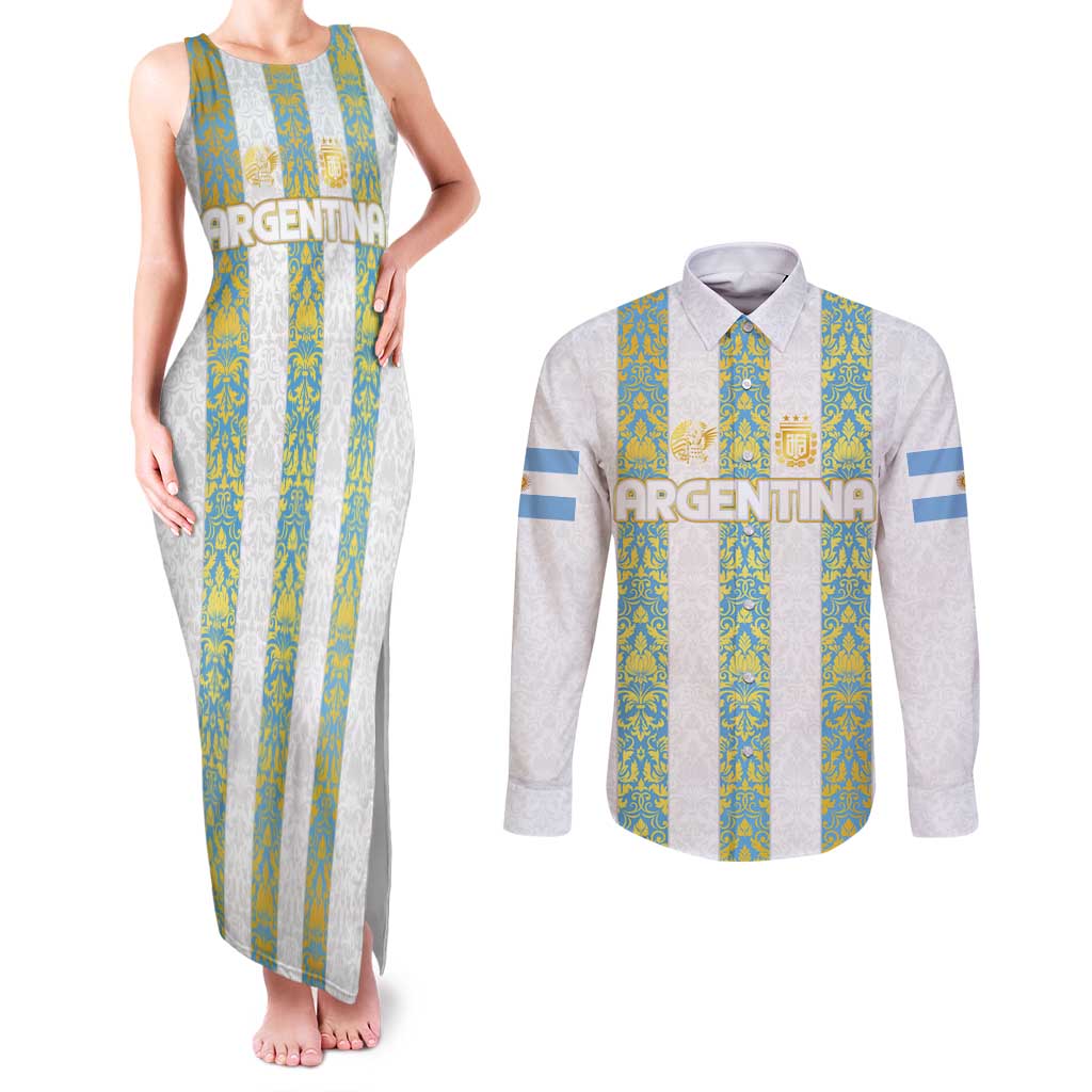 Argentina Football 2024 Couples Matching Tank Maxi Dress and Long Sleeve Button Shirt The White and Sky Blue - Wonder Print Shop