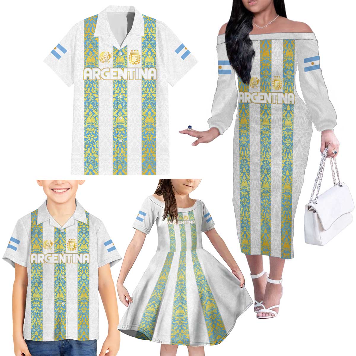 Argentina Football 2024 Family Matching Off The Shoulder Long Sleeve Dress and Hawaiian Shirt The White and Sky Blue - Wonder Print Shop
