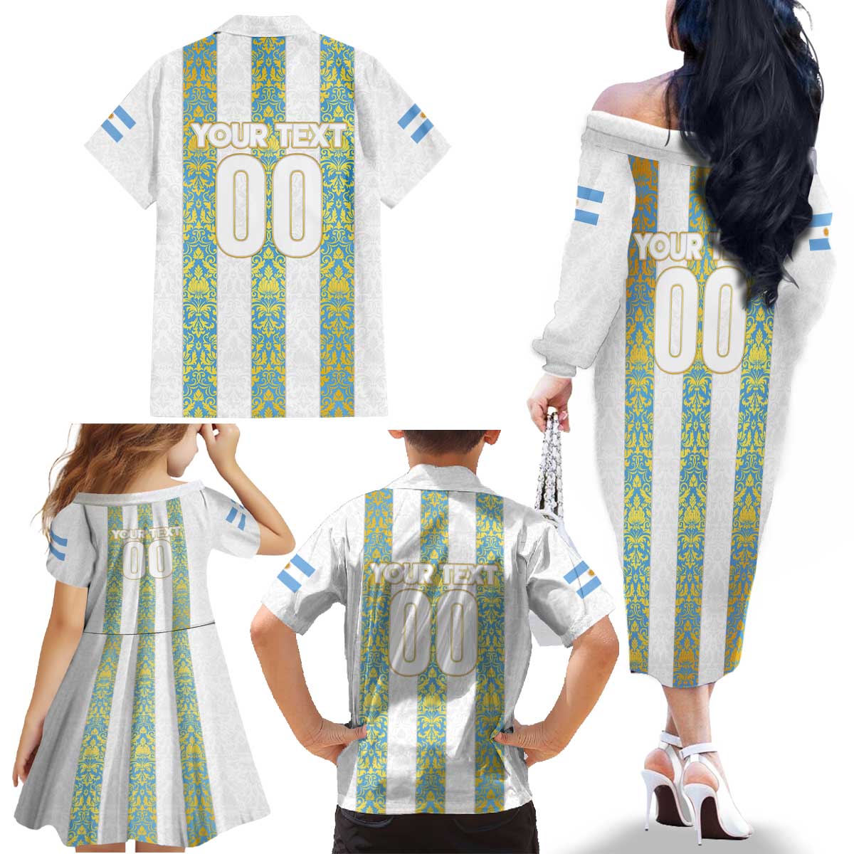 Argentina Football 2024 Family Matching Off The Shoulder Long Sleeve Dress and Hawaiian Shirt The White and Sky Blue - Wonder Print Shop