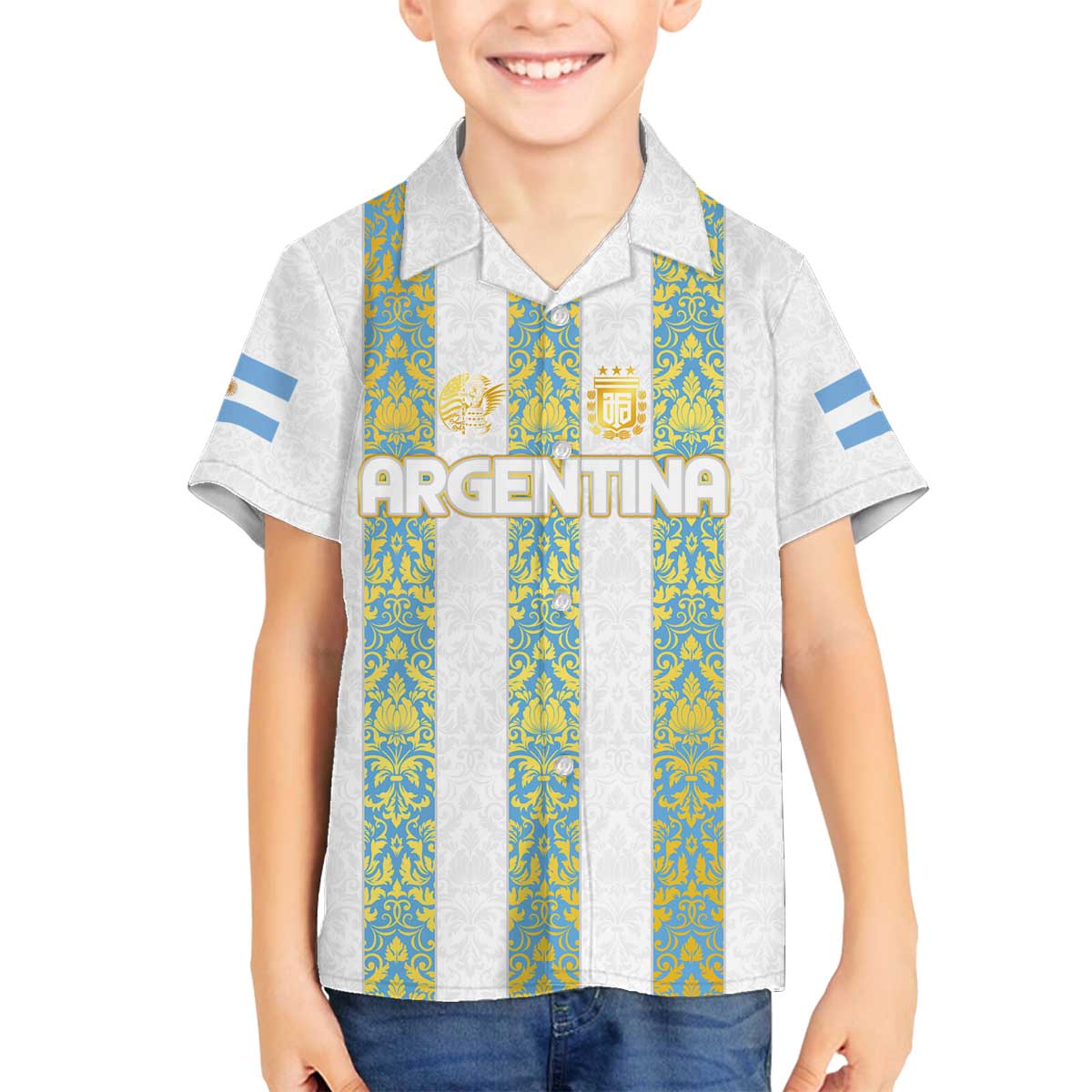 Argentina Football 2024 Family Matching Off The Shoulder Long Sleeve Dress and Hawaiian Shirt The White and Sky Blue - Wonder Print Shop