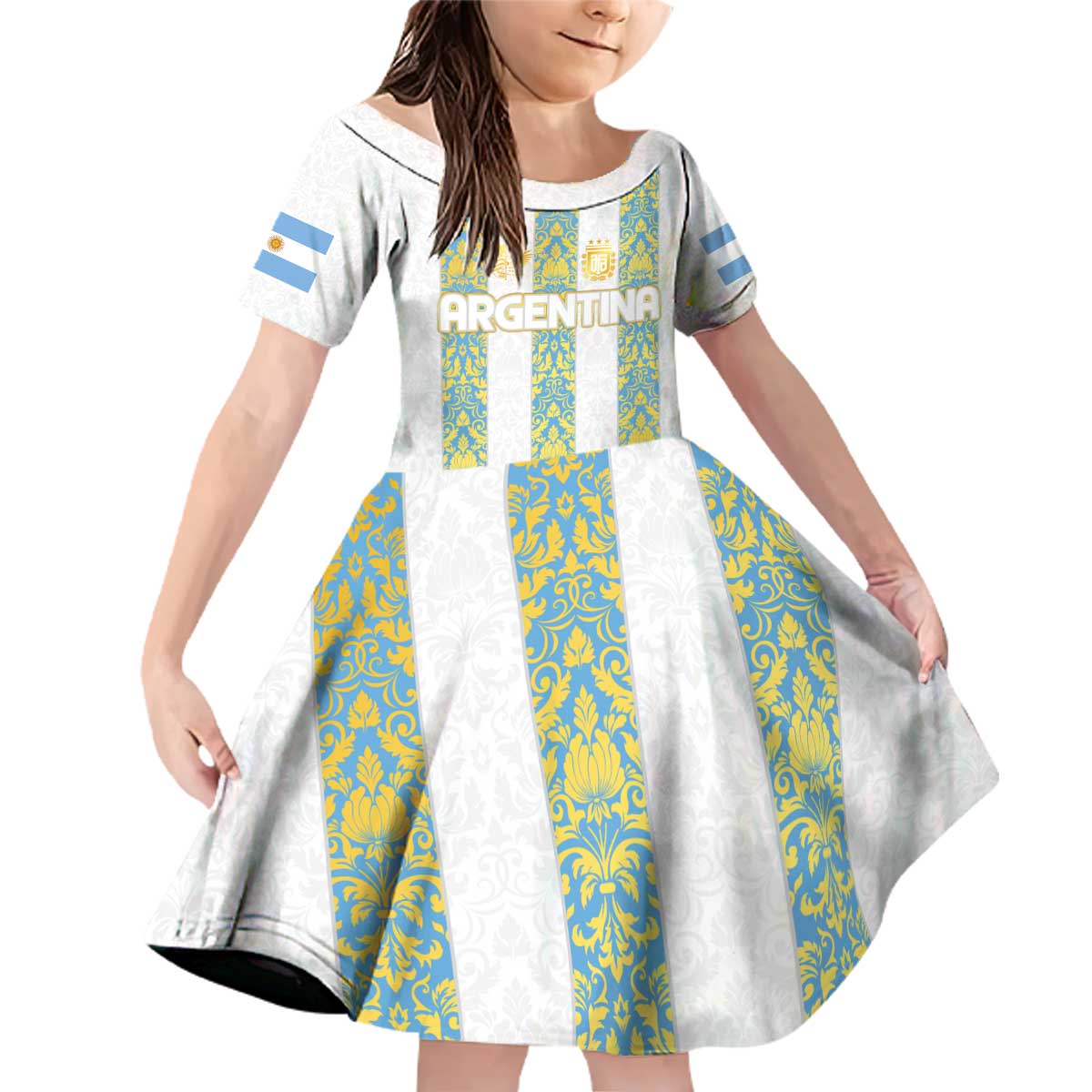 Argentina Football 2024 Family Matching Off Shoulder Short Dress and Hawaiian Shirt The White and Sky Blue - Wonder Print Shop