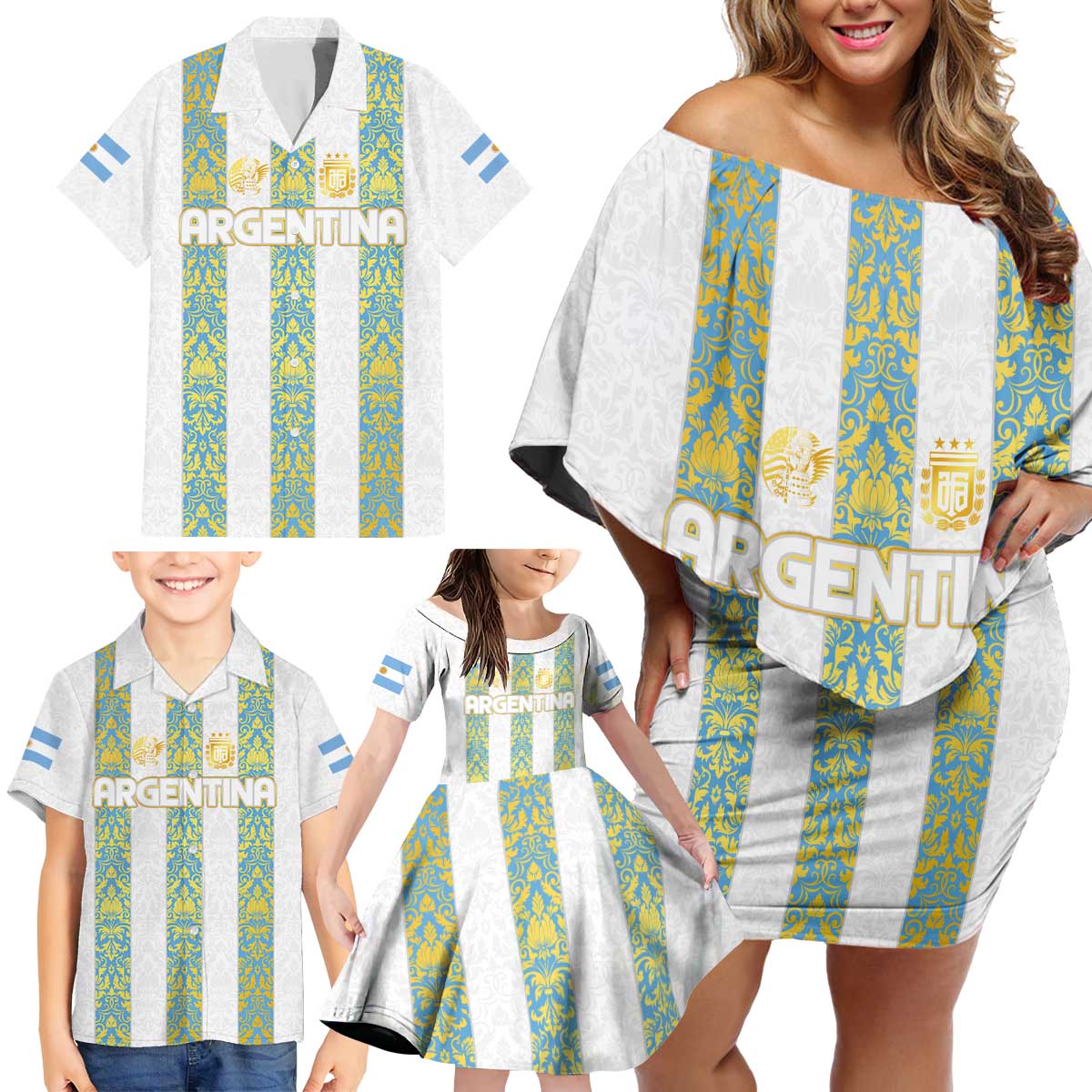 Argentina Football 2024 Family Matching Off Shoulder Short Dress and Hawaiian Shirt The White and Sky Blue - Wonder Print Shop