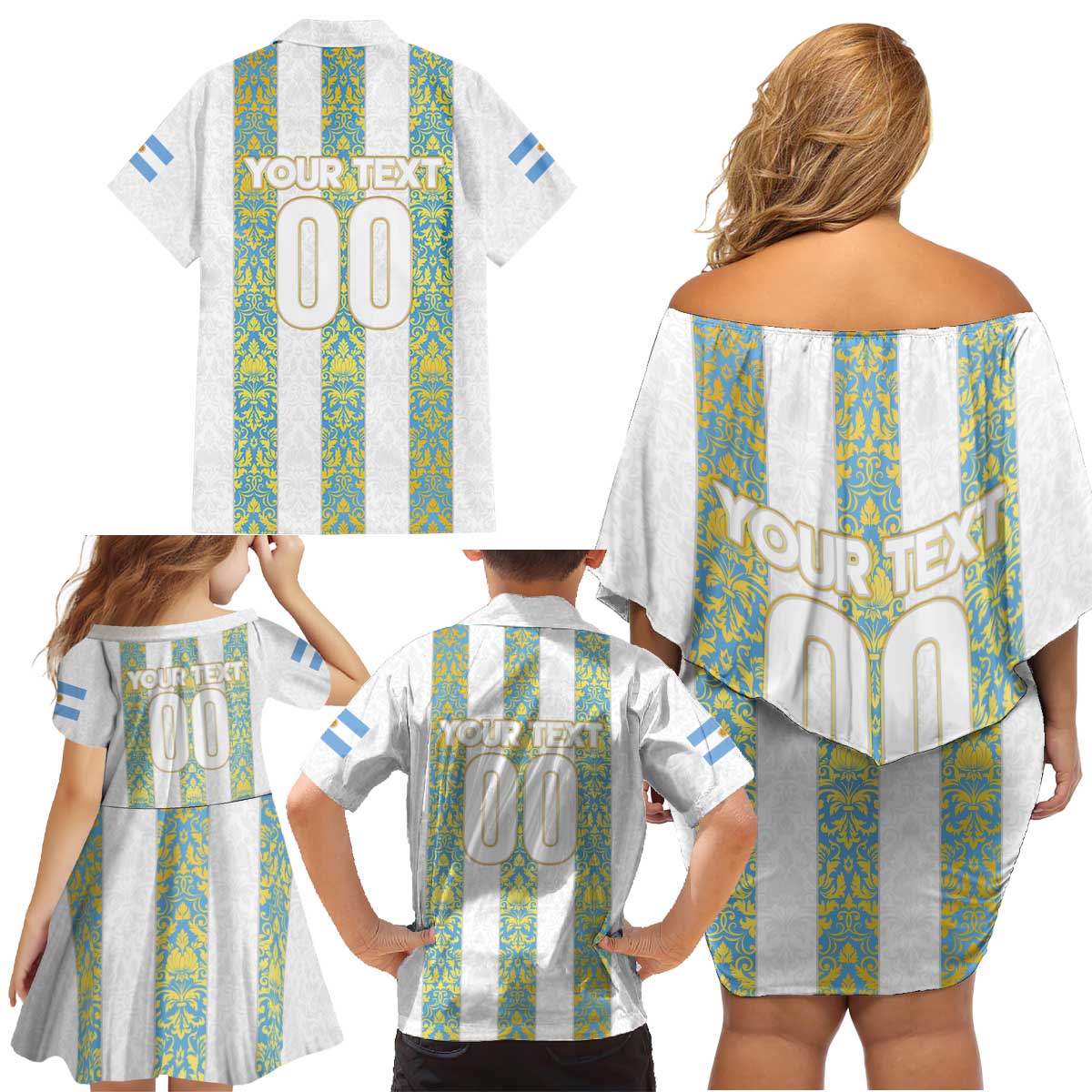 Argentina Football 2024 Family Matching Off Shoulder Short Dress and Hawaiian Shirt The White and Sky Blue - Wonder Print Shop