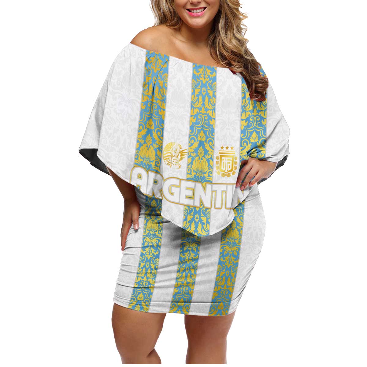 Argentina Football 2024 Family Matching Off Shoulder Short Dress and Hawaiian Shirt The White and Sky Blue - Wonder Print Shop